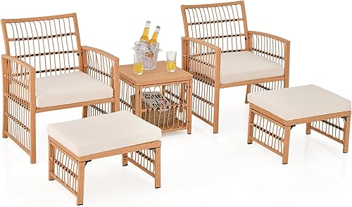 Tangkula Juego de sofá de mimbre de 5 piezas, juego de conversación de ratán al aire libre con cojines de asiento y respaldo, mesa de centro de 2