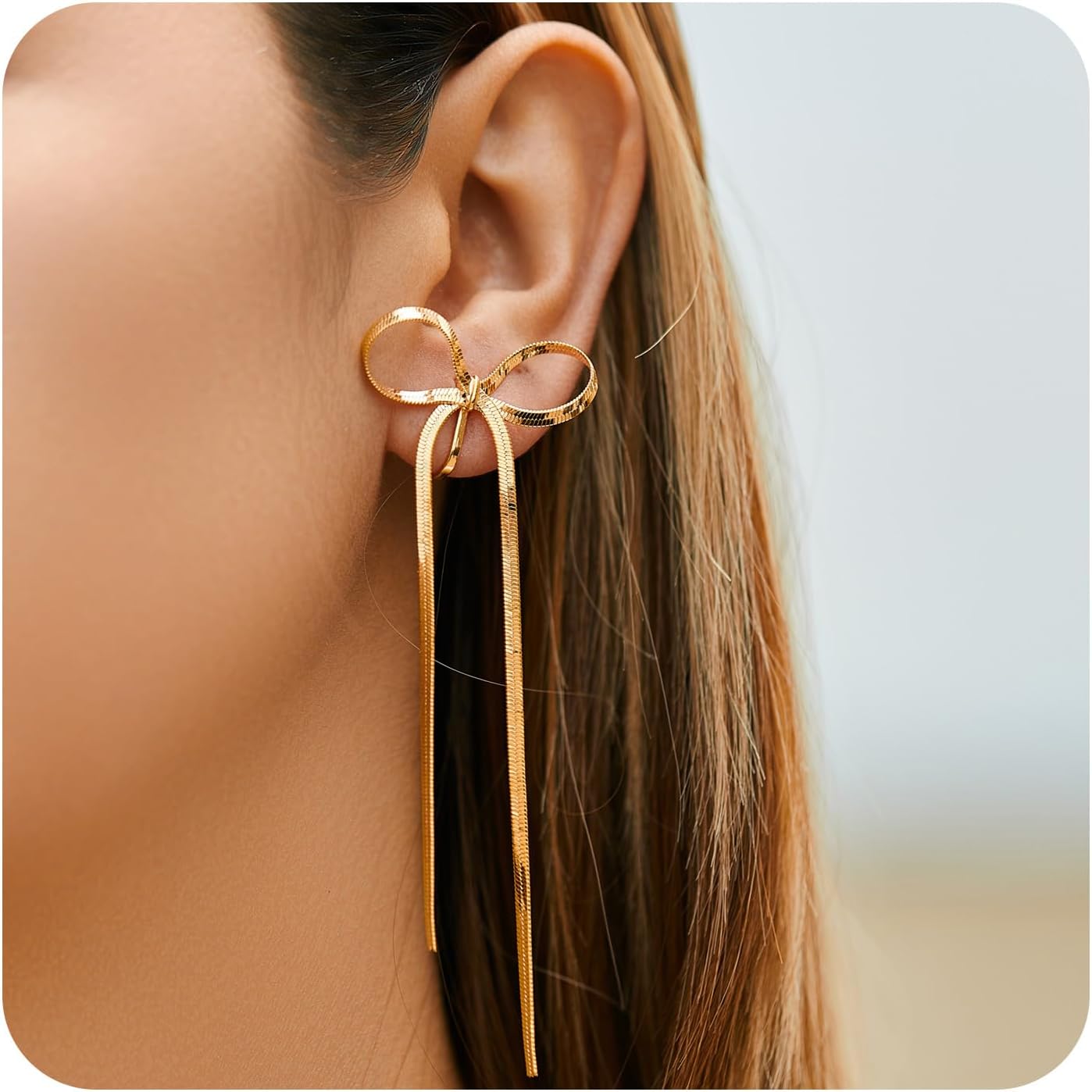 LOFITOR 14K Gold Plated Clip On Earrings for Women Non Piercing Bow Earrings Ribbon Dangle Drop Tassel Chain Statement Clip Earrings Lightweight Fake Bowknot Earring for Non Pierced Ears
