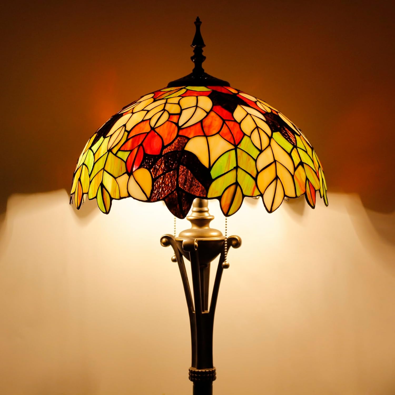 Tiffany Floor Lamp Maple Leaf Stained Glass Standing Reading Light 16X16X70 Inches Antique Pole Corner Lamp Decor Bedroom Office Living Room