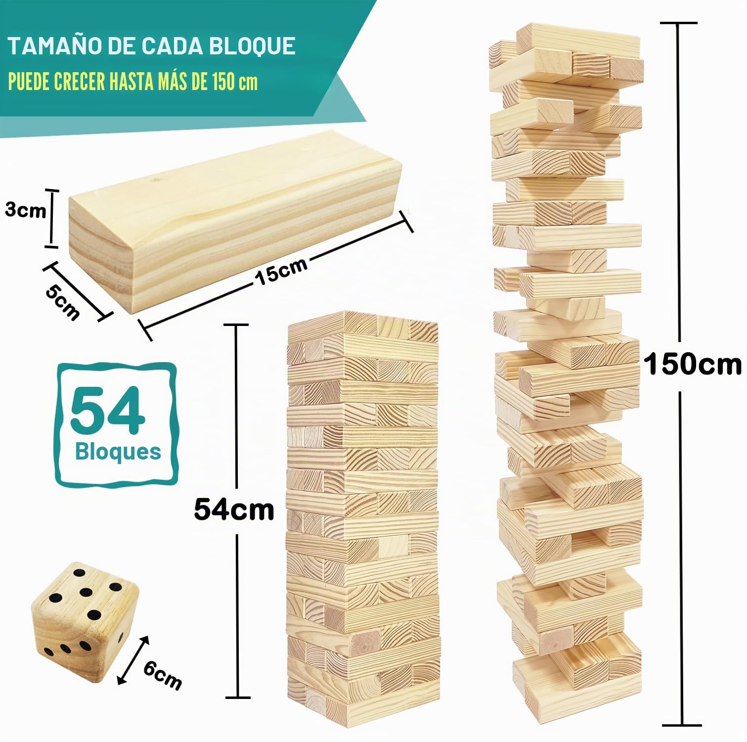 Juego de torre de madera jumbo con dados y bolsa de transporte, juegos clásicos de apilamiento, 54 bloques de construcción para interiores y exteriores (hasta más de 150 cm)