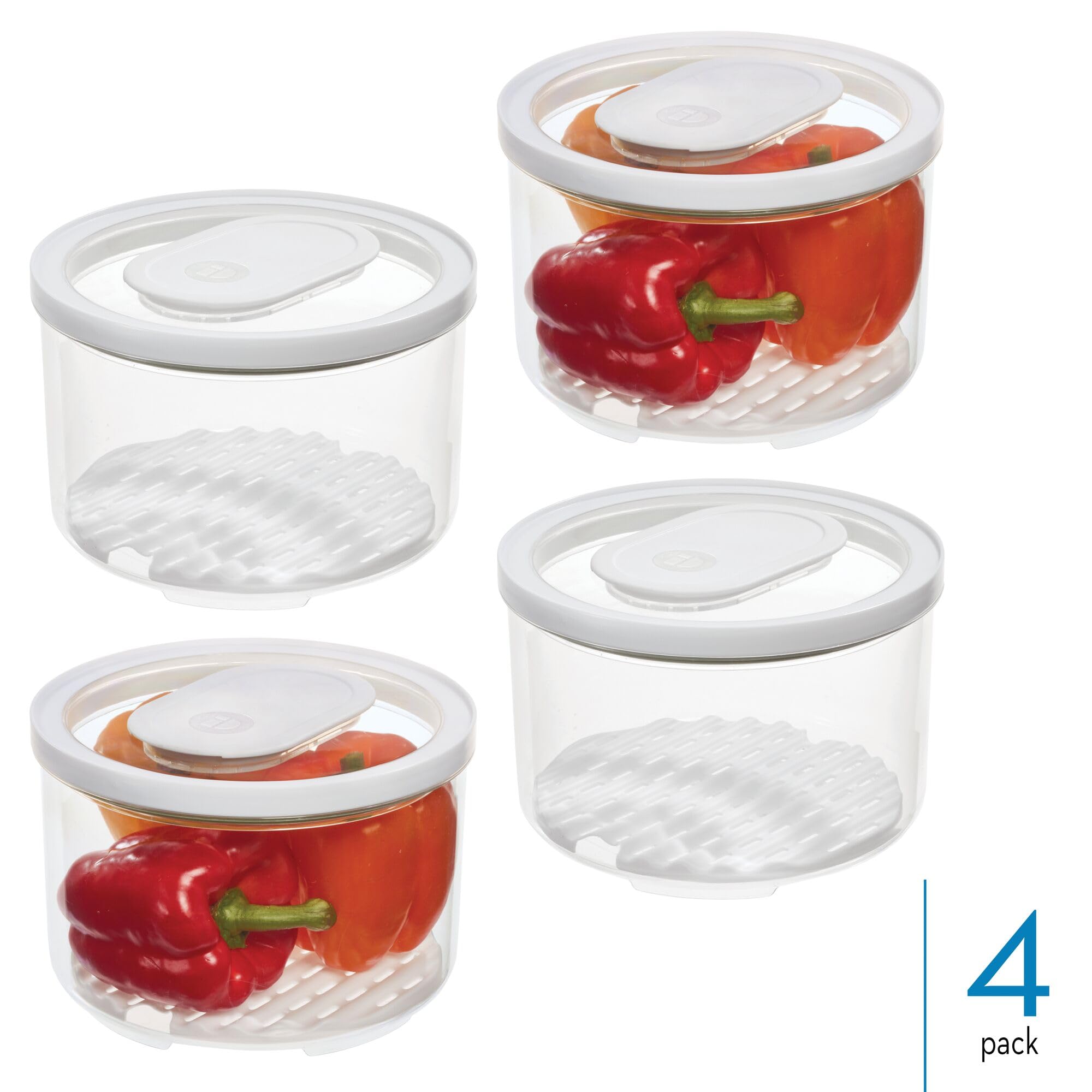 InterDesign iDesign - Pattumiera rotonda per frigo, con vassoio di drenaggio rimovibile e coperchio, set da 4, trasparente