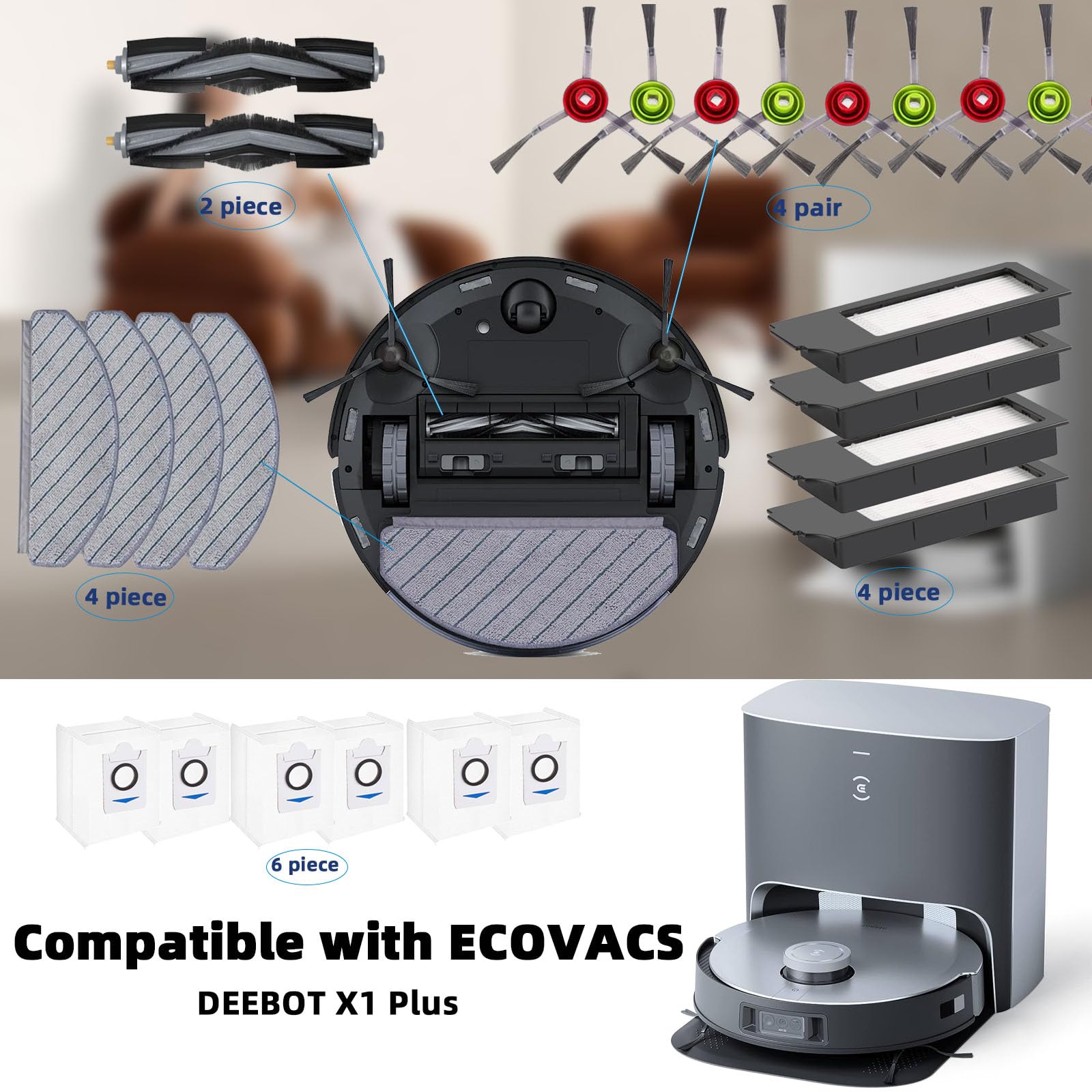 Yivy Zestaw 26 akcesoriów do odkurzacza Ecovacs DEEBOT X1 Plus, X1+ części zamienne: 2 szczotki główne, 8 szczotek bocznych, 4 filtry HEPA, 4 ściereczki do wycierania, 6 worków do odkurzacza...
