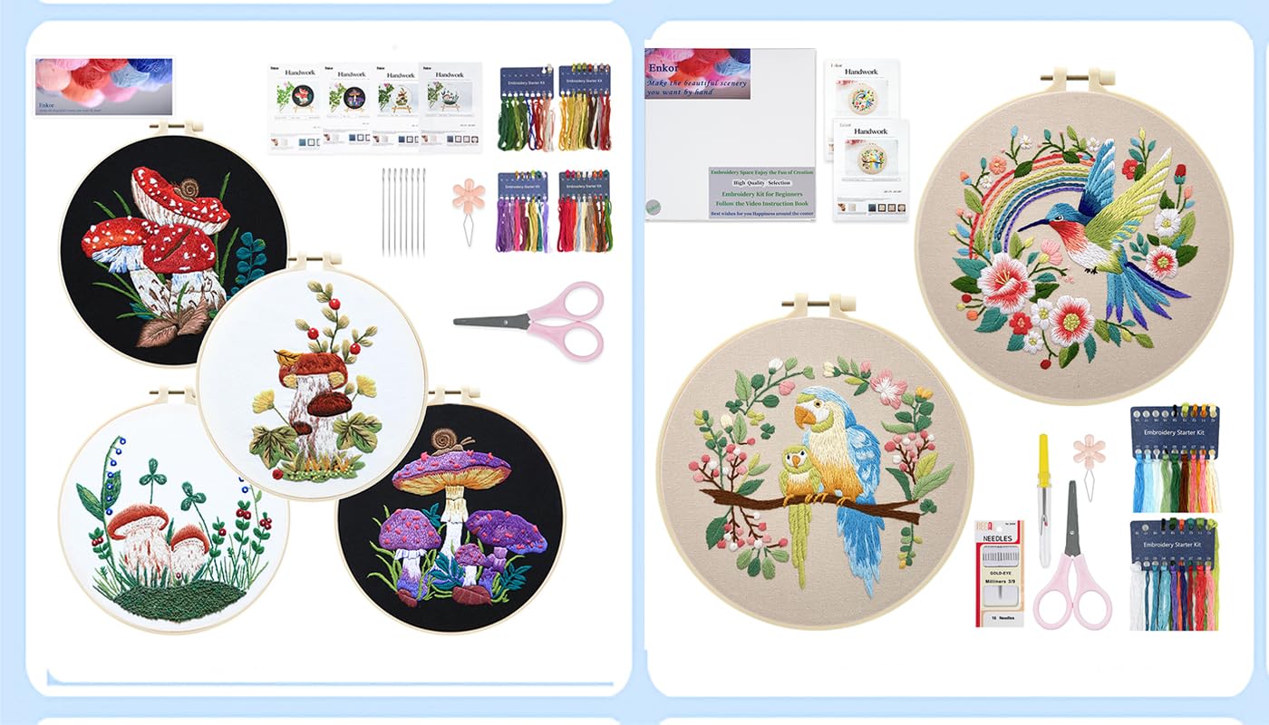 Enkor 6 Sets Embroidery Kit for Beginners Adults, Cross Stitch Kits for Beginner Follow Instruction Video Needlepoint Kits Bird-Hummingbird Flowers R2+Mushroom M4