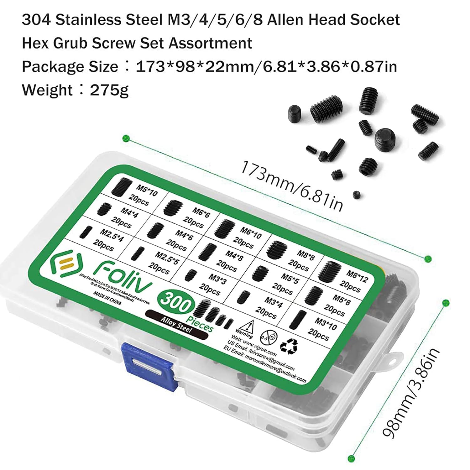 FOLIV Set Screws - 300Pcs Hex Allen Head Socket Set Screw Assortment Kit - M2.5/M3/M4/M5/M6/M8 Grub Screw with Internal Hex Drive (Black)