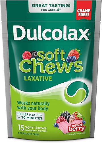 Dulcolax Soft Chews - Laxante salino suave para aliviar el estreñimiento, hidróxido de magnesio 1200 mg, 15 unidades, sabor a bayas mixtas