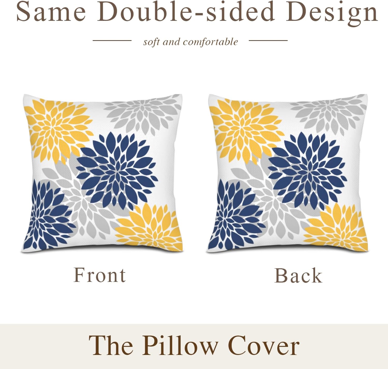 Navy Blue Yellow Pillow Covers 18x18 Inch 2 Pcs, Spring Summer Geometric Elegant Dahlia Decorative Throw Pillows, Flower Outdoor Decor Pillowcase Linen Square Cushion Cover Gift for Patio Couch Sofa