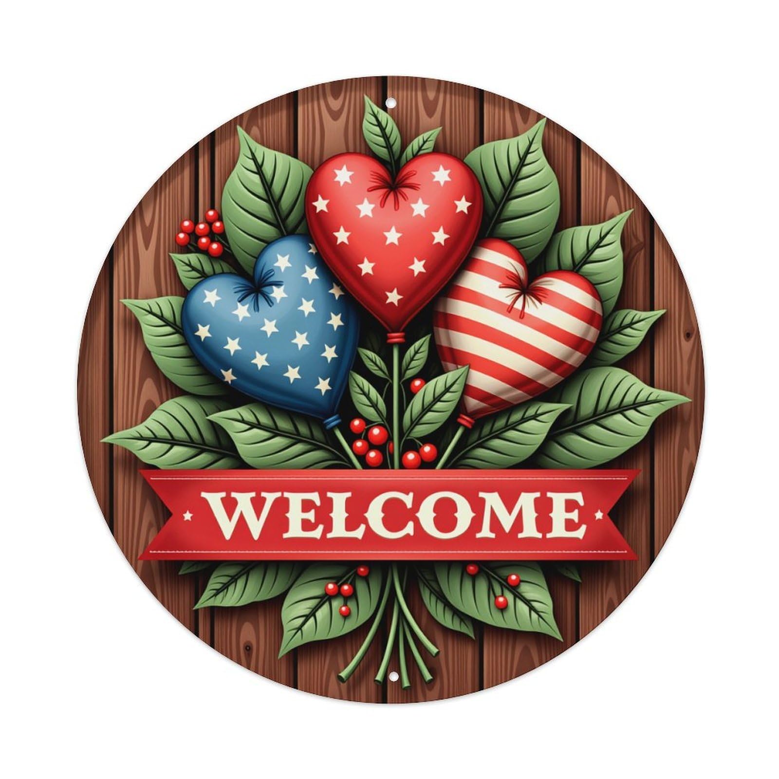 Heart Flag Leaves Berries Welcome Round Tin Sign Vintage Metal Poster, Home Bar Garage Man Cave Cafe Indoor & Outdoor Wall Decoration 8x8Inches