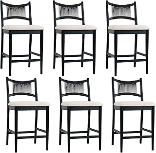 HEAH-YO Counter Stools Set of 6, 25.5" Bar Chairs with Paper Cord Woven Back — Boho Style, Chenille Upholstered Seat, Black Wood Legs, Counter Height Stools for Kitchen Island & Dining Room
