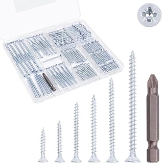 KURUI Wood Screws Assortment Kit, Flat Head Screws Set for Wood Drywall, 190 Pcs PosiDriv Sheetrock Screws, 6 Sizes Assorted Screws (3/4”, 1”, 1-1/4”, 1-1/2”, 2”, 2-1/2”), with Organizer Box