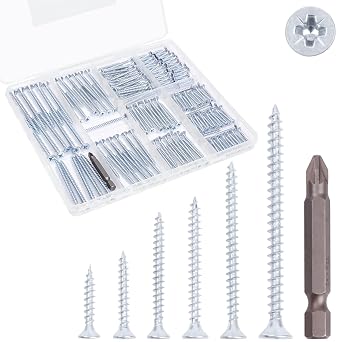 KURUI 190Pcs Wood Screws Assortment Kit, Flat Head Screws Set for Wood Drywall, PosiDriv Sheetrock Screws, 6 Sizes Assorted Screws 3/4, 1, 1-1/4, 1-1/2, 2, 2-1/2, with Organizer Box
