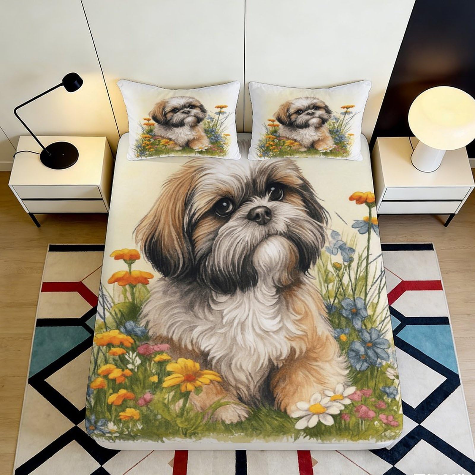 3D Printed Shih Tzu Dog Floral Fitted Sheet Microfiber Soft Bed Sheet Non-slip Washable for Bedroom Guestroom 90x200x25cm