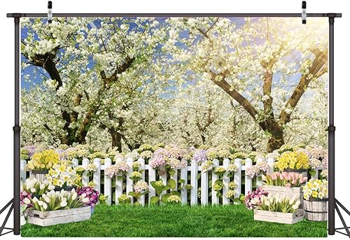 Miniatura 8 de AIIKES Telón de fondo de primavera de 7 x 5 pies con flores blancas y árboles de bosque, telón de fondo para fotografía, fiesta de cumpleaños, boda,