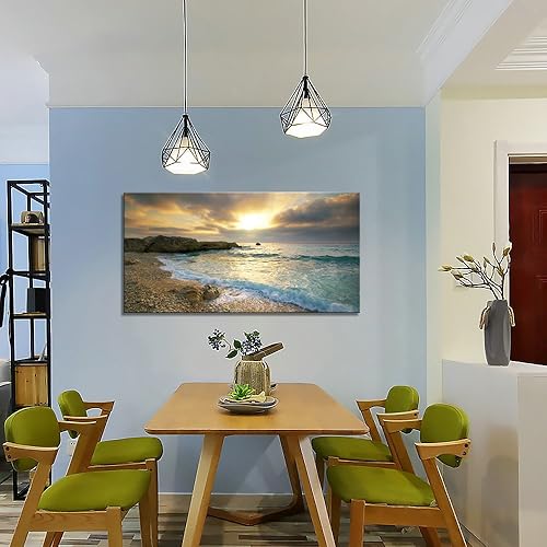 Miniatura 4 de Lienzo decorativo para pared, puesta de sol, playa, olas azules, arte del océano, arte grande y moderno, impresiones en lienzo contemporáneas,