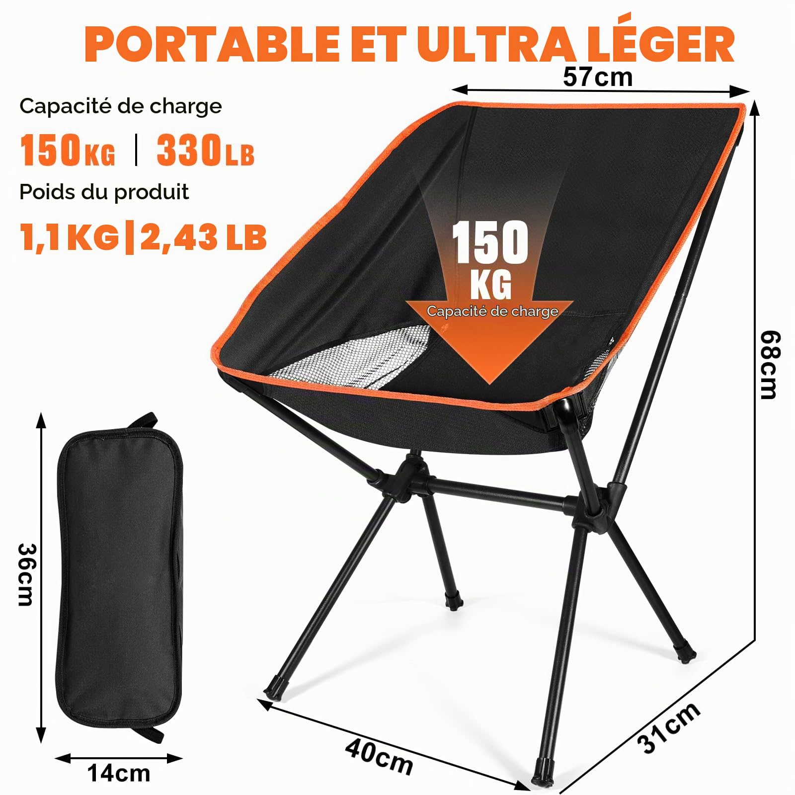 Chaises de Camping Pliantes Portable, Compacte Ultra Légère et Portable Chaise de Camping Pliable avec Sac de Transport pour Pique-Nique, Camping, Pêche, Randonnée, Extérieur