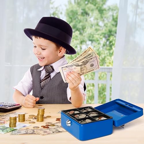 Miniatura 6 de Kasten Caja pequeña con bandeja para dinero, caja de metal con cerradura para niños, 5.9 x 4.7 x 3.2 pulgadas, azul