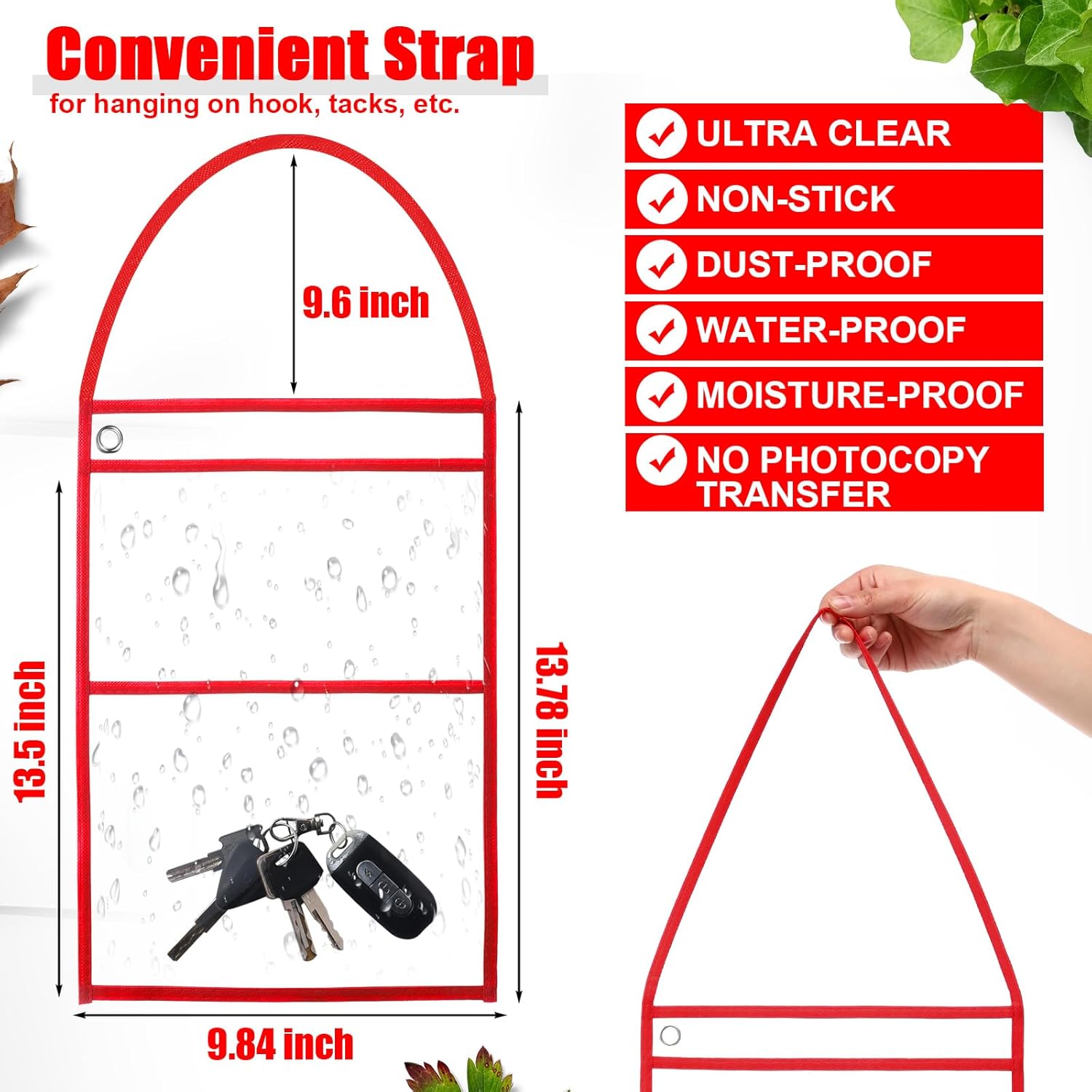 Epakh 30 Pack Shop Ticket Holders 9 x 12 Inch Work Order Plastic Sleeves Job Ticket Holders Dry Erase Repair Order Sleeves with Hanging Strap, Both Sides Clear(Red)