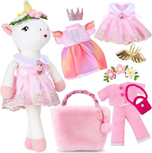 Unicorn Doll Stuffed Animal Toys for Girls with Ballerina Doll Plush Carrier Bag 3 Set Cloth Accessories, Kids Pretend Play Crochet Gifts, Birthday Gift for 3 4 5 6 7 8 9 10 Year Old Toddles Girls