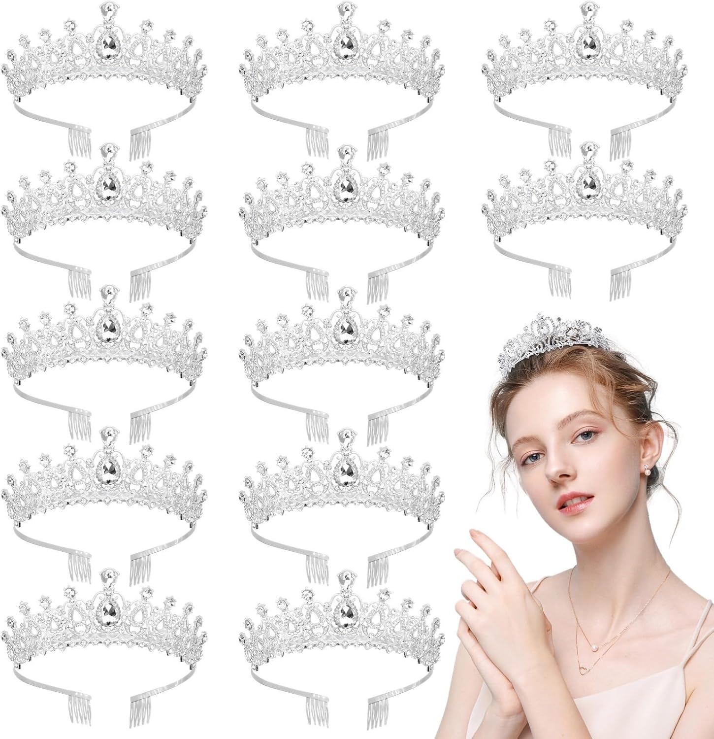 Rhinestone Headpieces With Combs, Fashionable Queen Headbands, Elegant Bridal Hairwears, Silver Crystal Tiaras For Women, 12 Pcs Princess Crowns, Hair Accessories For Party, Wedding