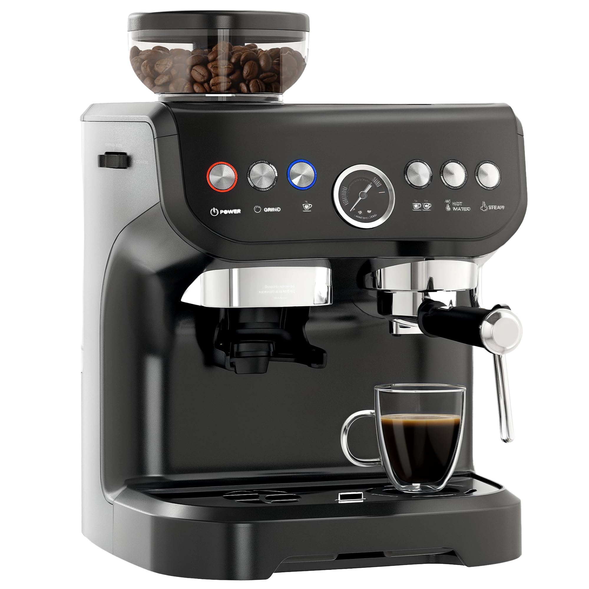 Espresso Machine with Integrated Bean Grinder & Steam Wand, Bean to Cup Coffee Machine with 15 Bar Italian Pump, 2L Water Tank, Cappuccino Maker, Stainless Steel Black