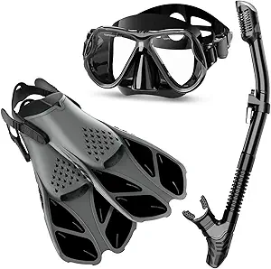 Zenoplige Mask Fins Snorkel Set Adults Snorkeling Gear, Snorkel Mask 180 Panoramic View Anti-Fog Anti-Leak Dry Top Snorkel and Dive Flippers Kit with Travel Bag for Swimming Scuba Diving Men Women