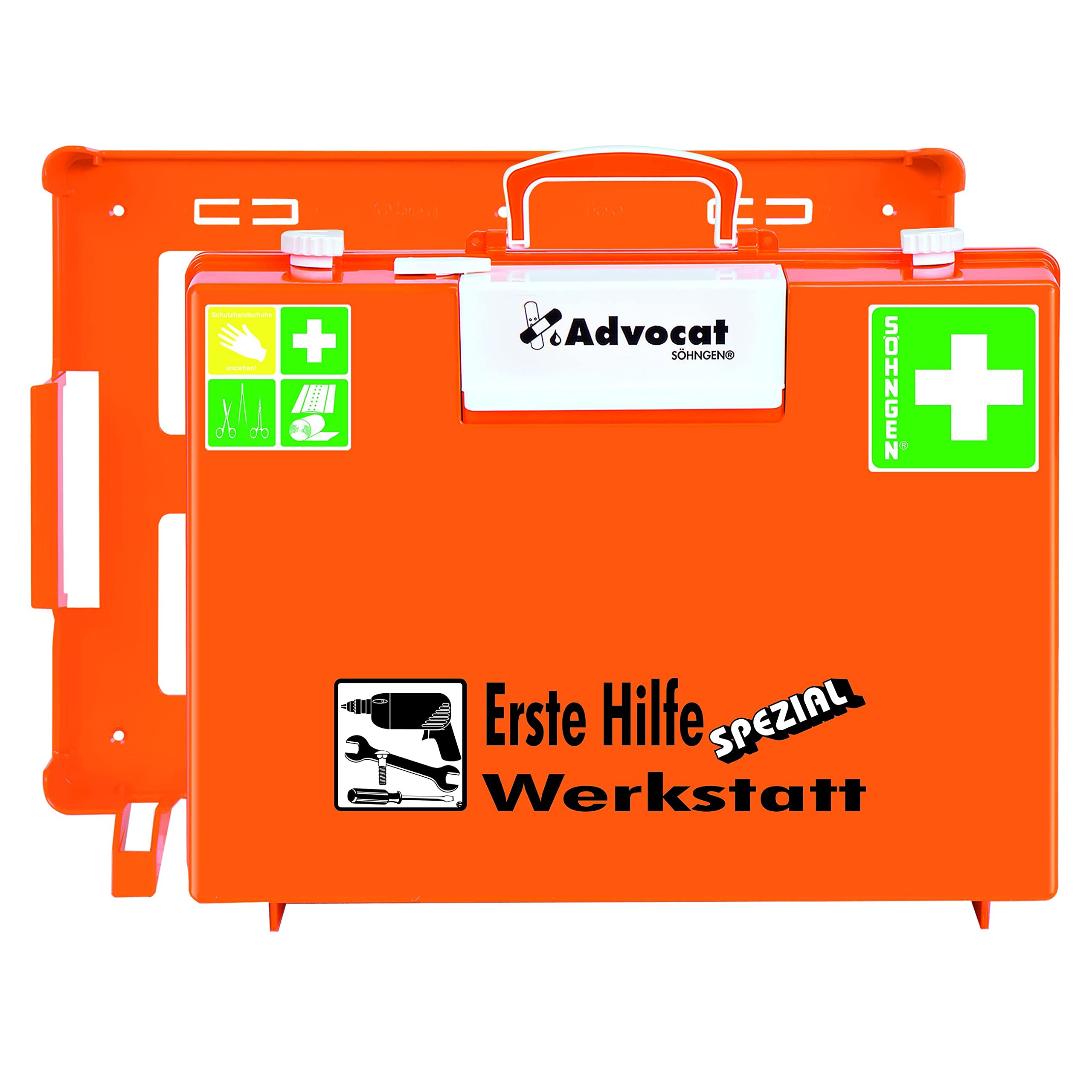 Erste-Hilfe-Koffer Werkstatt Advocat MT-CD (Verbandkoffer mit Füllung, inkl. Wandhalterung + herausnehmbarer Pflasterspender, schlagfester Kunststoff, Notfallkoffer)