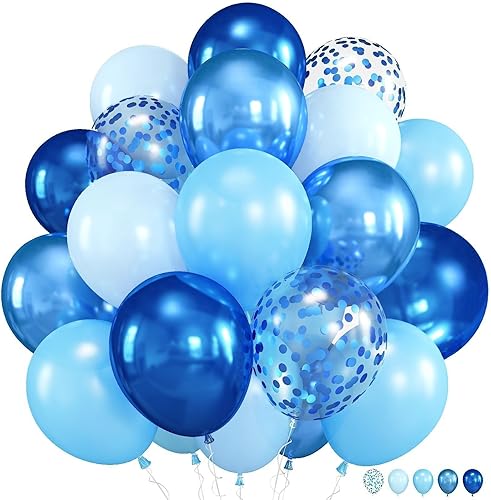 Miniatura 22 de Juego de globos azules y plateados, globos azules y plateados de 12 pulgadas, globos de látex azul marino oscuro y confeti para fiesta, globo mixto