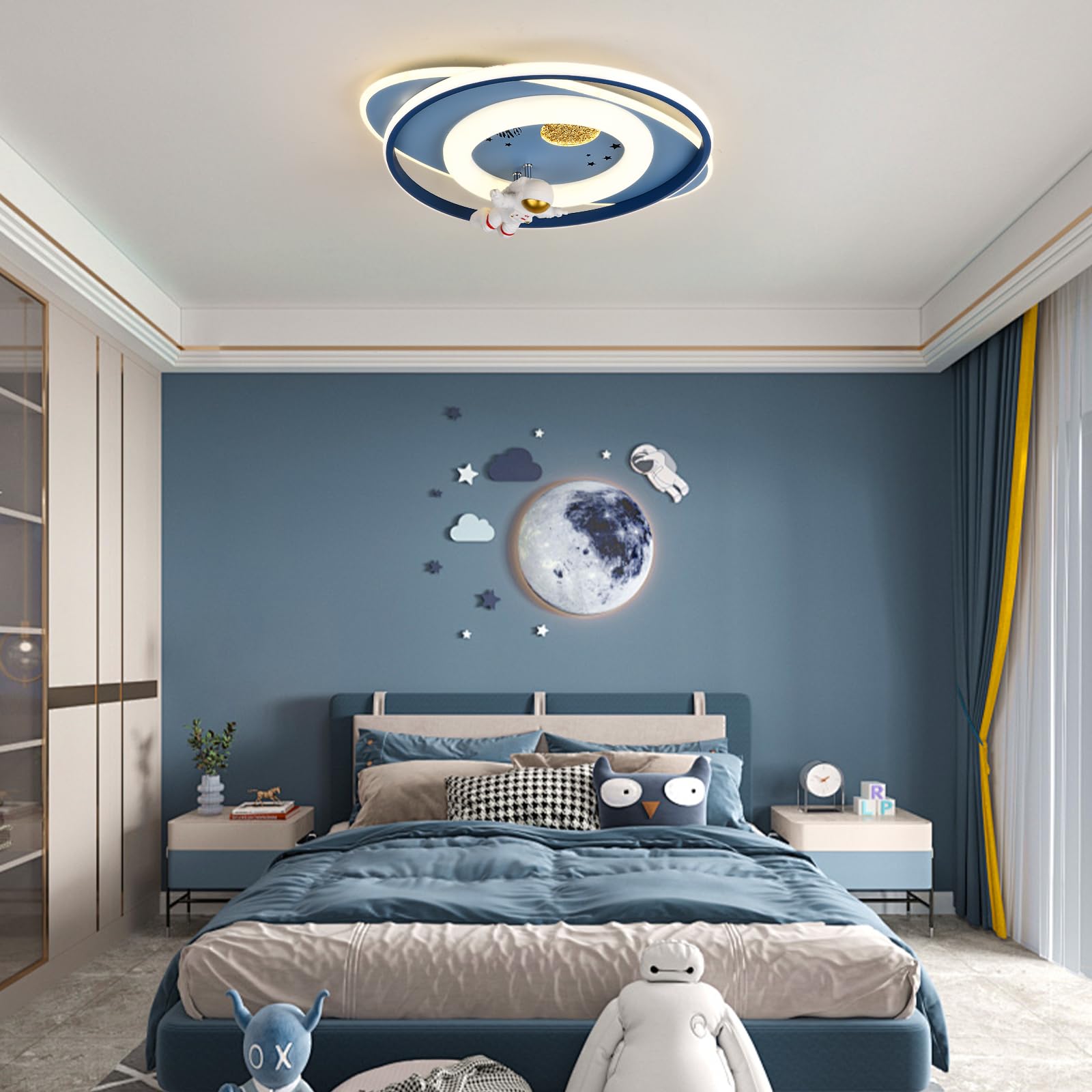 Plafoniera LED per bambini, 58 cm, lampada da soffitto astronauta creativa dimmerabile 3000 K-6000 K, lampada da soffitto per camera da letto, per bambini, camera da letto (Blu)