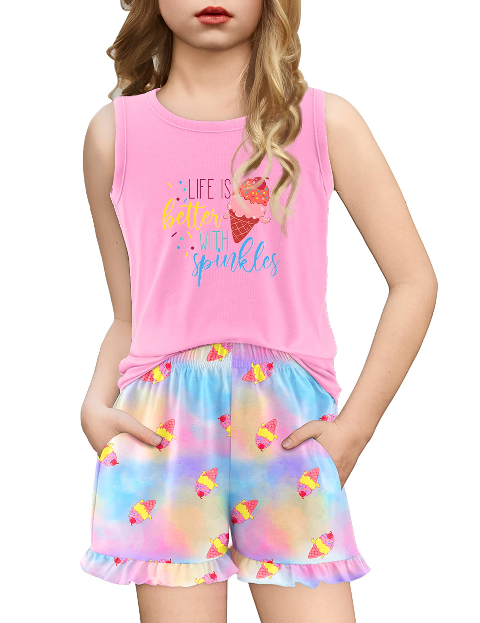 Arshiner Girls Pajamas Summer Ruffle Sleepwear Cute Tank Top and Shorts Set Pjs Outfit