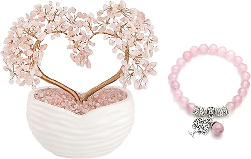 Jovivi Juego de 2 piezas de adorno de bonsái de árbol de dinero de cristal de cuarzo rosa y árbol de dinero, pulsera elástica de árbol de la vida de