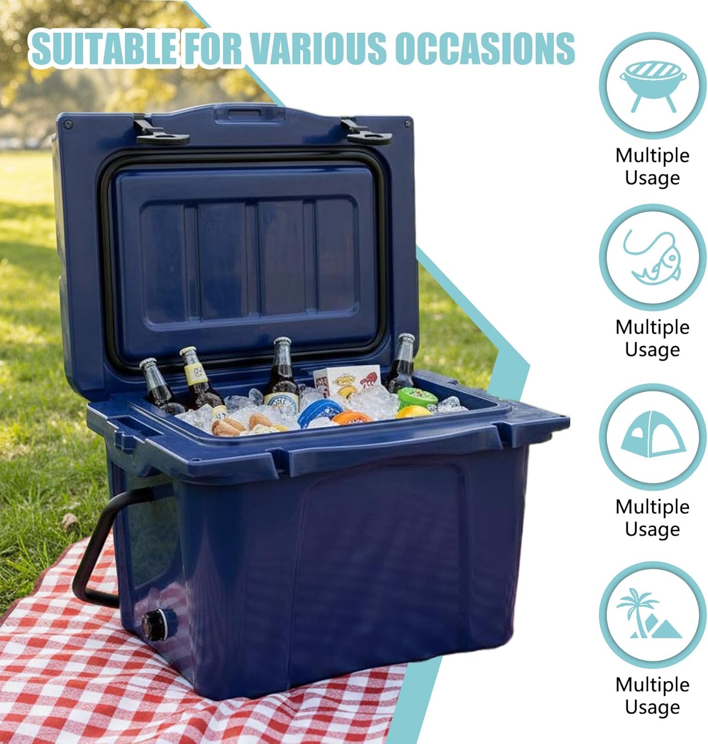 Heavy-Duty 25QT Hard Cooler, Camping Coolers with Roto-Molded Construction, Portable Cooler with Bottle Opener, Cup Holder & Ruler for Camping, Beach, Fishing, Tailgating & Travel