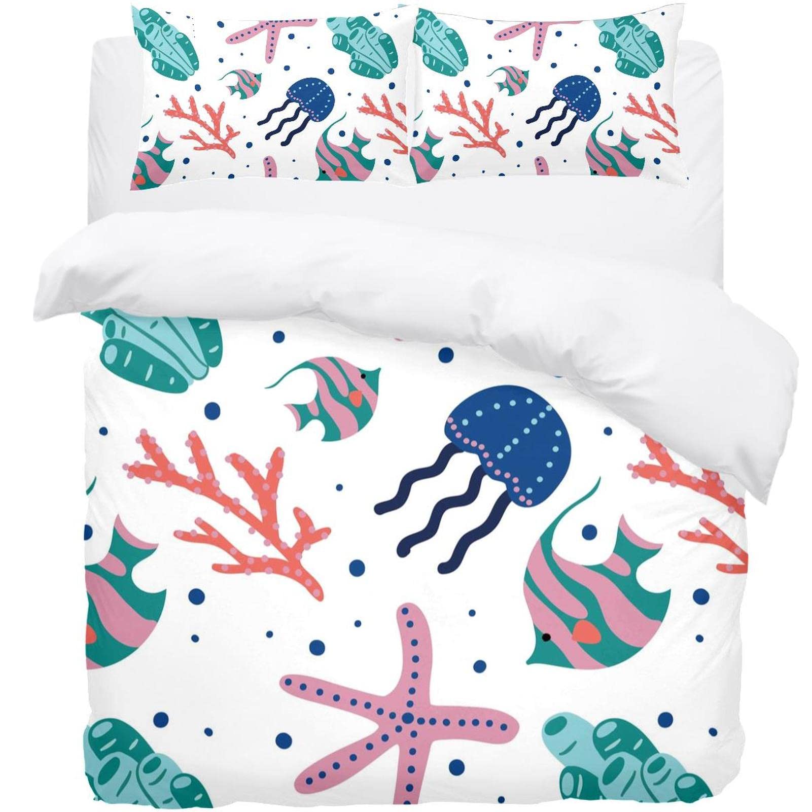 Housse de couette étoiles de mer corail et 2 taies d'oreiller en microfibre douce