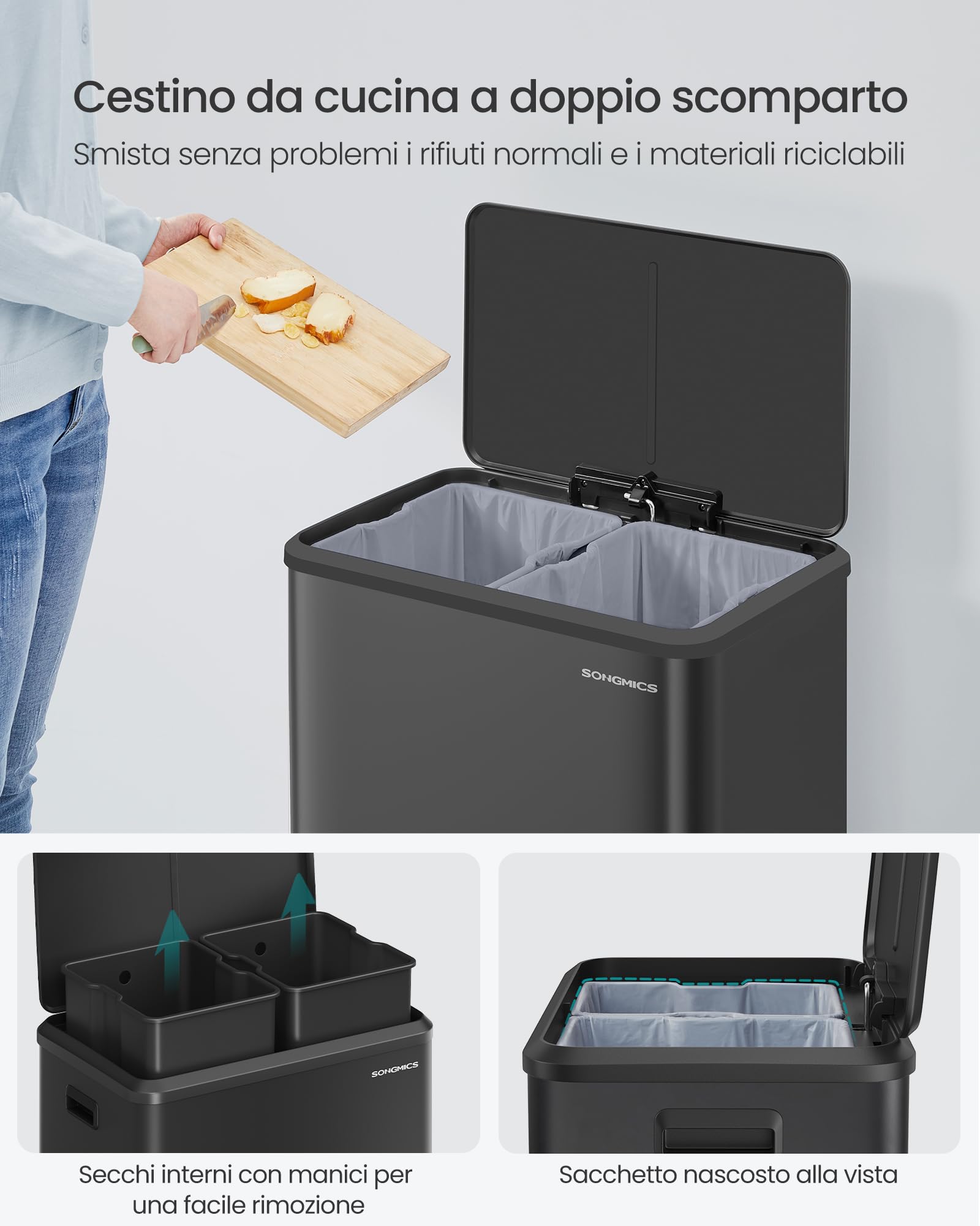 SONGMICS Cestino da Cucina, 2 x 30 L, Pattumiera Doppia per Raccolta Differenziata, Secchi Interni, Acciaio, Coperchio a Chiusura Morbida, Pedale Ampio, Nero Inchiostro LTB556B02
