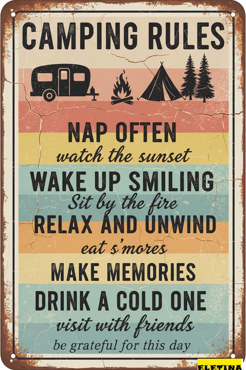 Funny Camping Rules Metal Tin Sign, 8x12 Inch