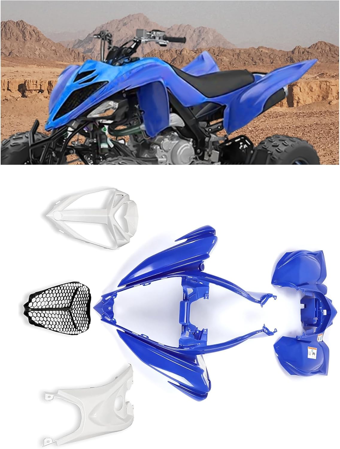 Front&Rear Fender Flares + Gas Cap + Tank Cover + Grille/Fender + Mesh Compatible with 2006-2025 YAMAHA Raptor 700 ATV Plastic Kit Bodywork Blue&White&Black