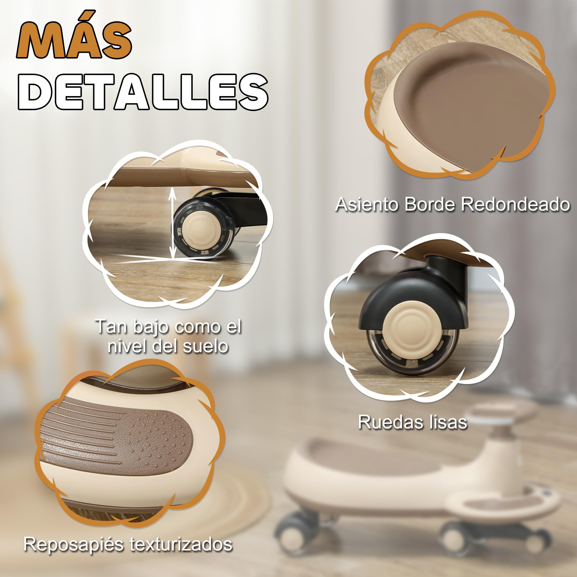AIYAPLAY Correpasillos para Niños de +2 Años Correpasillos Wiggle con Cuerda de Tracción para Padres Música Luz y Espacio de Almacenamiento 69x31x69 cm Caqui