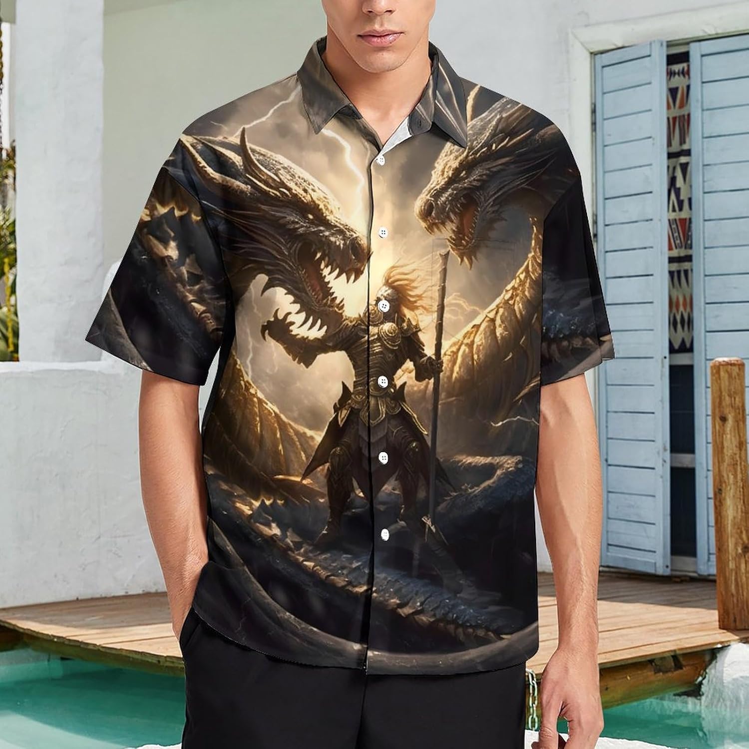 Hawaiian Dragon Shirt for Men Short Sleeve Aloha Beach Shirt Animal Summer Casual Button Down Shirts - Image 2