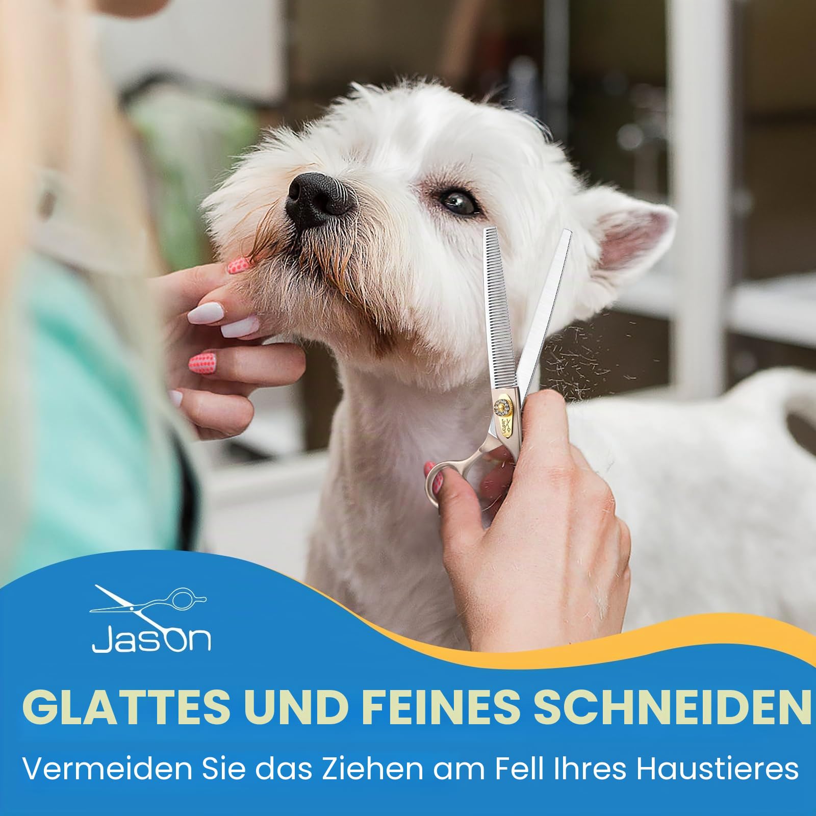 JASON Profi Fellschere für Hunde - 54 Zähne Effilierschere aus japanischem 440C-Edelstahl 7,5 Zoll Hundeschere mit ergonomishcen Griff, Roségold