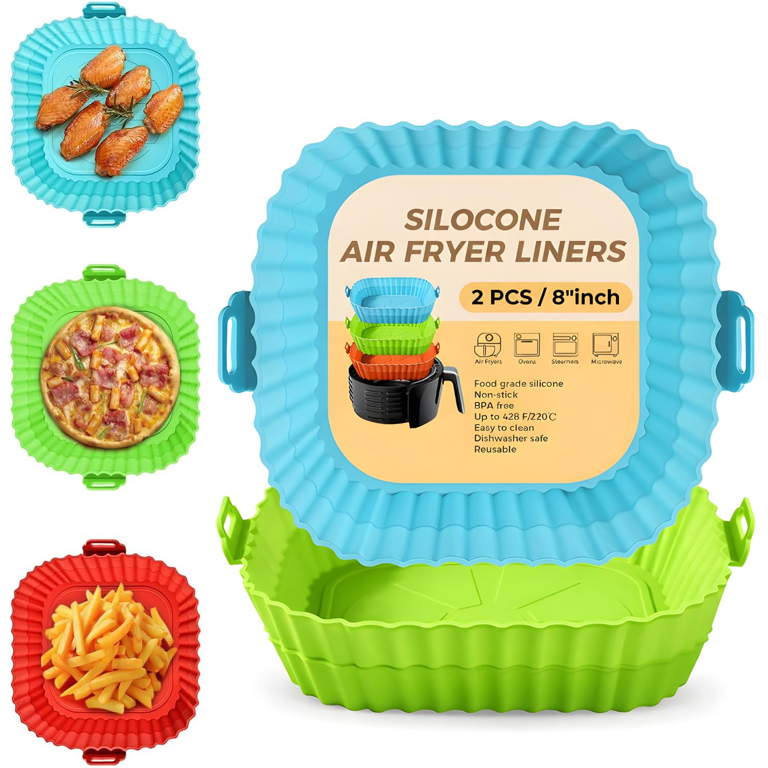 Pack of 2 Air Fryer Liners – Square 8 Inch Silicone Air Fryer Liner, Reusable Baking Tray, Food Grade BPA Free, Heat Resistant 240°C, Nonstick Pot with Handles,Fits 4–7 QT –Multicolor-image-22
