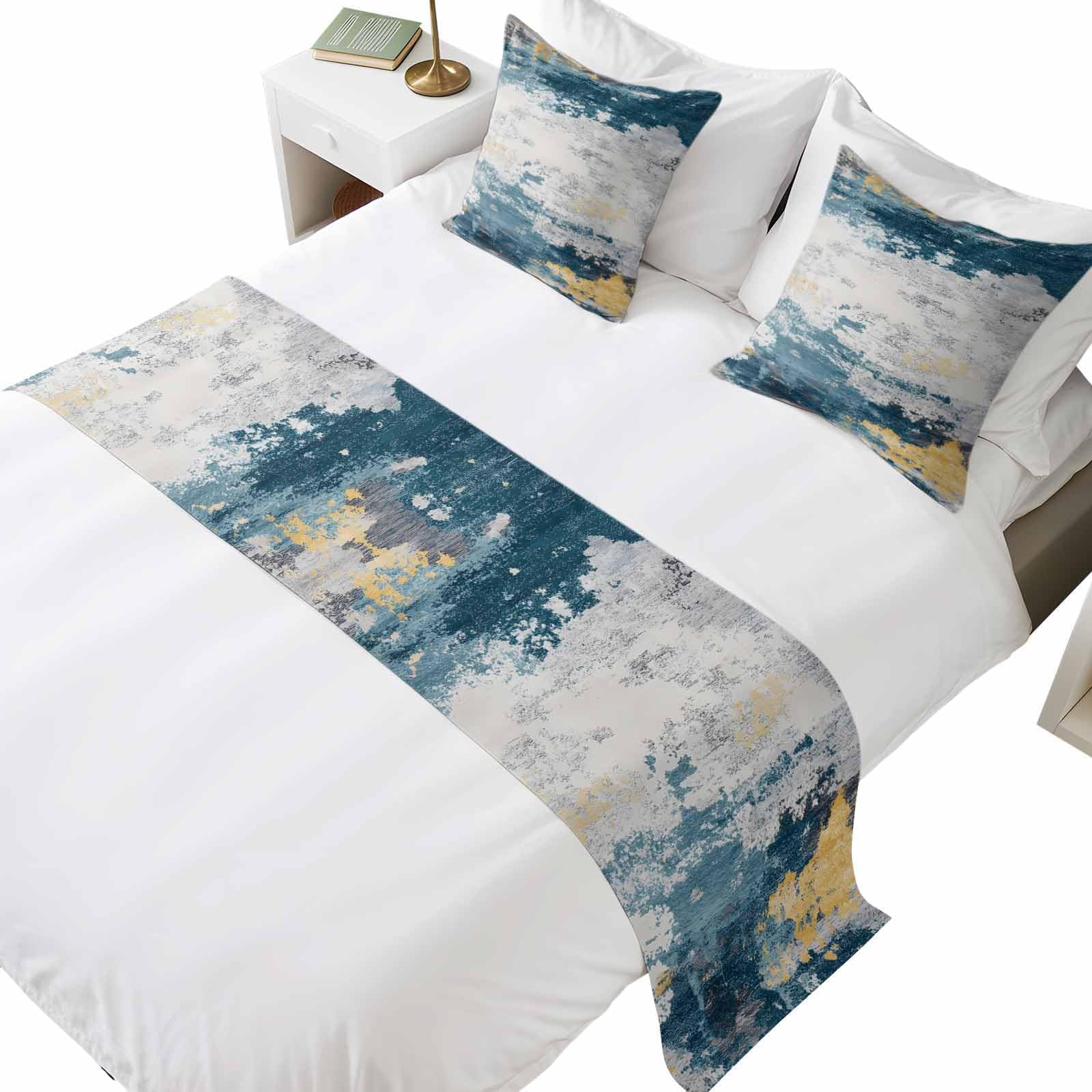 Navy Gold Gray Designer Bed Runner Set, Abstract Art Mottled Old Gradient Color 102x20in Bed Scarf with 2pcs Double-Sided Decorative Pillows Easy Care Bedding Scarves for Home Hotel Bedroom Decor