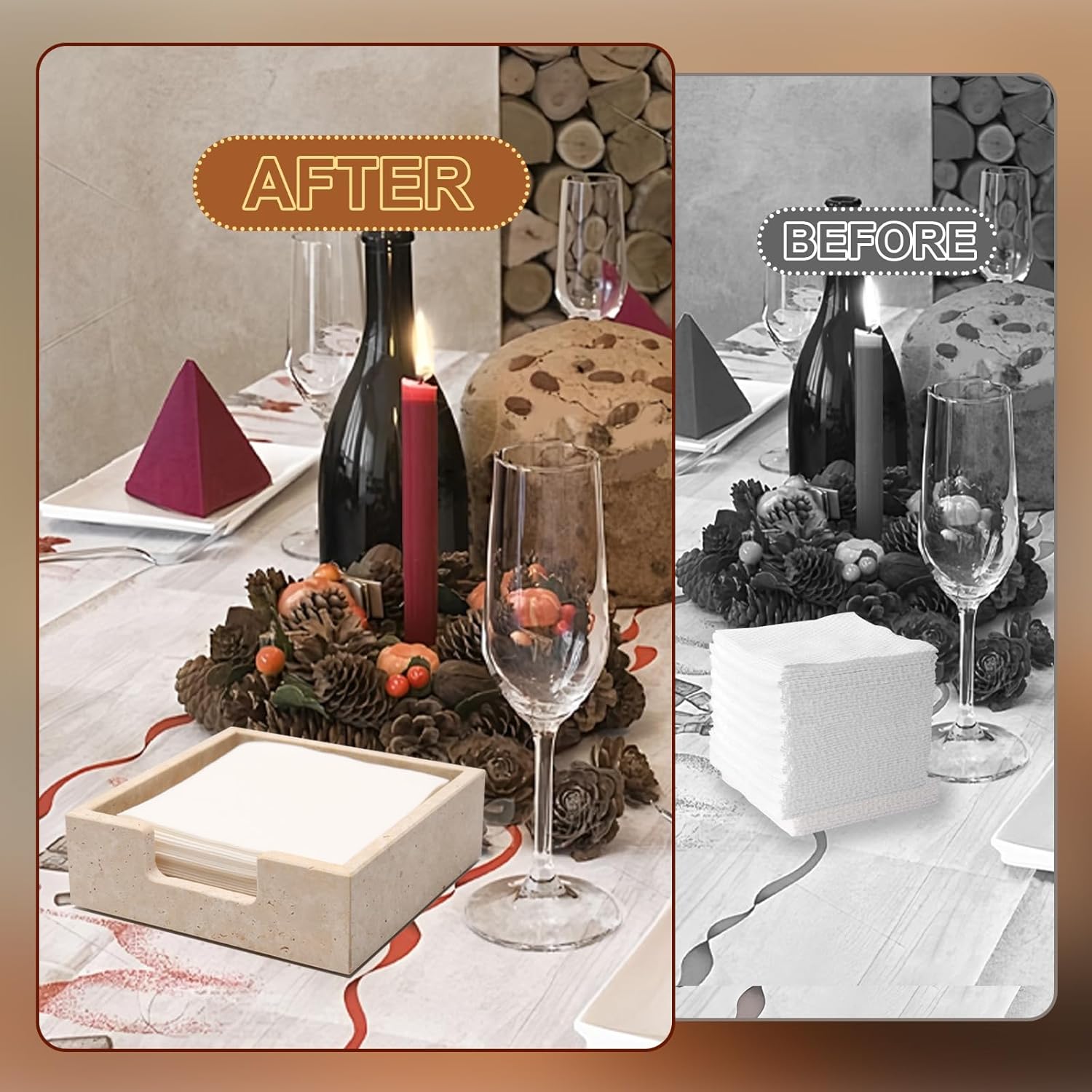 Cocktail Napkin Holder,Travertine Stone Napkin Holders Fit for 5”x5” Cocktail-Sized Napkins,Stone Napkin Holder for Table Kitchen Counter Dining Room Party Bar Decor,Beige