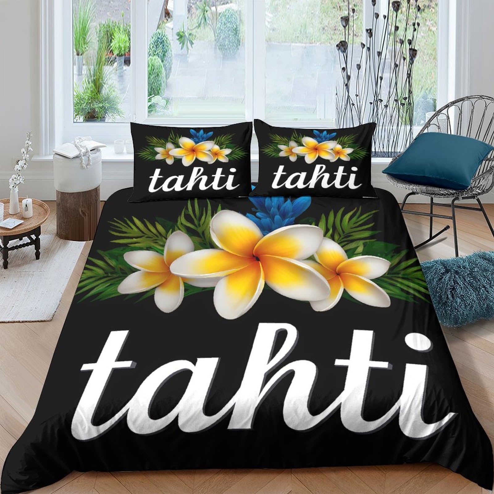 Ctjqhvkz Style-8 3D Printed Plumeria Flower Fitted Sheet Microfiber Black Tropical Tahiti Mattress Cover Bedroom Decor Protector Single（135X200cm）