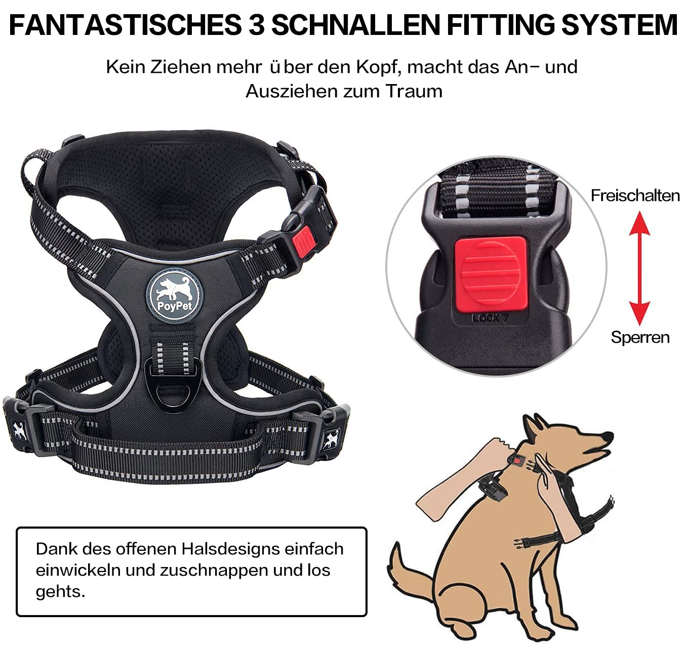 PoyPet Nessuna pettorina per cani Pull Front Reflective Pet Gilet per cani con facile controllo impugnatura e retro perfetto per l'allenamento quotidiano, camminata, corsa (nero, S)