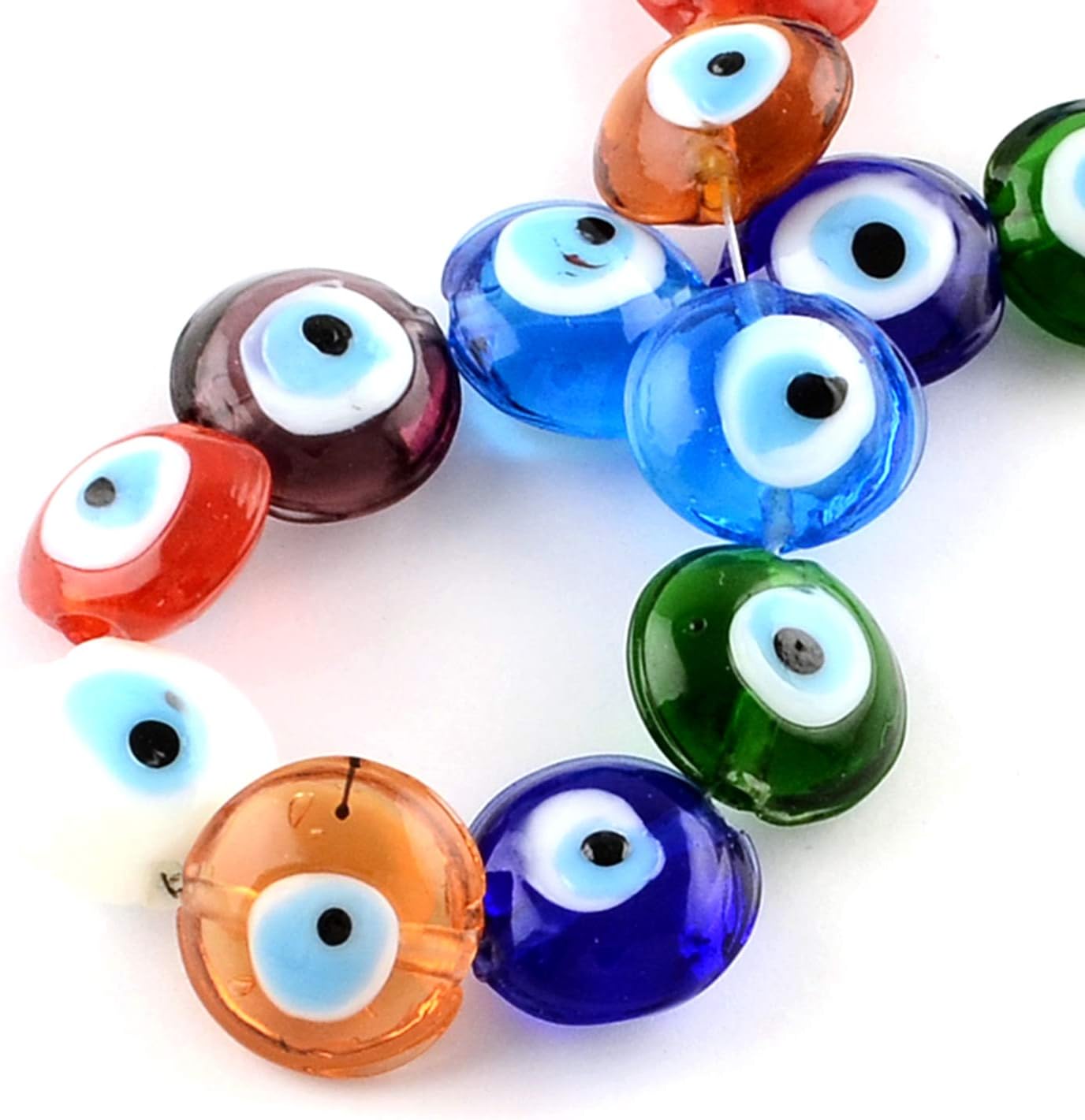 Craftdady 110Pcs Lucky Eye Lampwork Glass Beads Multicolor Flat Round Wisdom Eye Polished Spacer Beads 15-16mm Smooth Coin Disc Loose Beads for Bracelet Necklace Earring Jewelry Making