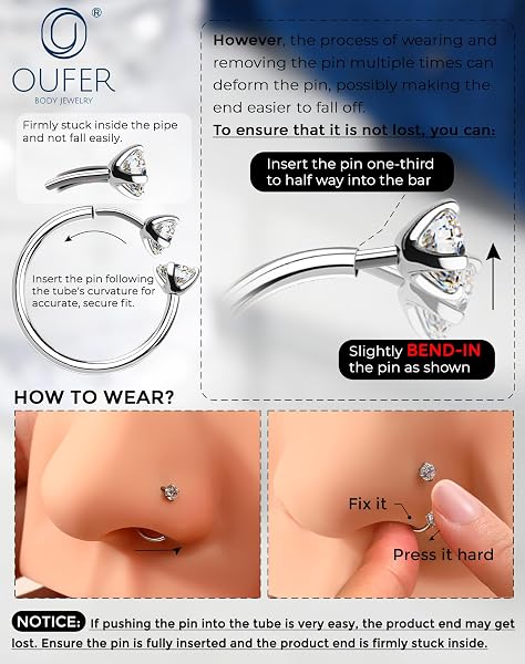 OUFER 20G Papillon Piercing Nez Fer à Cheval Sans Filetage avec CZ en Acier Chirurgical 316L Pince à Perçage, Bijou de Corps 7/8 mm pour Septum, Rook ou Helix - 4