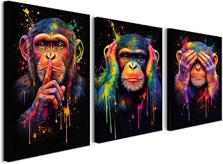 Alptiny Bunte Affen Wandbilder 3er Set mit Rahmen 30x40 cm, Pop Art Leinwandbilder für Wohnzimmer Wohnzimmer, Büro oder Jugendzimmer, Moderne Wandkunst und Wanddeko, mit Klettband