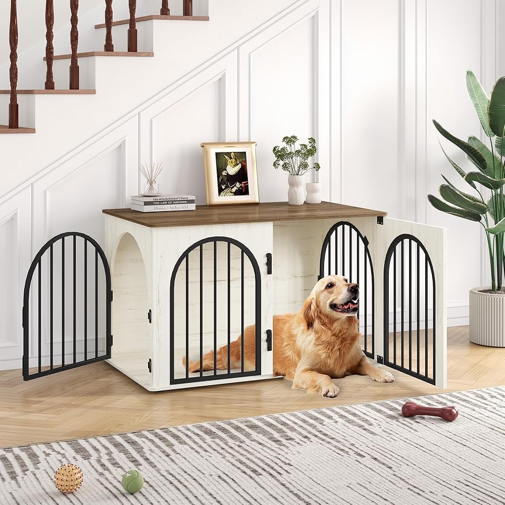 Hzuaneri Hundekäfig Möbel, 100cm Hundebox für Zuhause, 3 Türen, Bogentür, Moderne Hundebox Indoor für Hunde, Beistelltisch, Hundekäfig Hochbelastbar, 100 x 60 x 63 cm, Weiß Braun DFC84114B