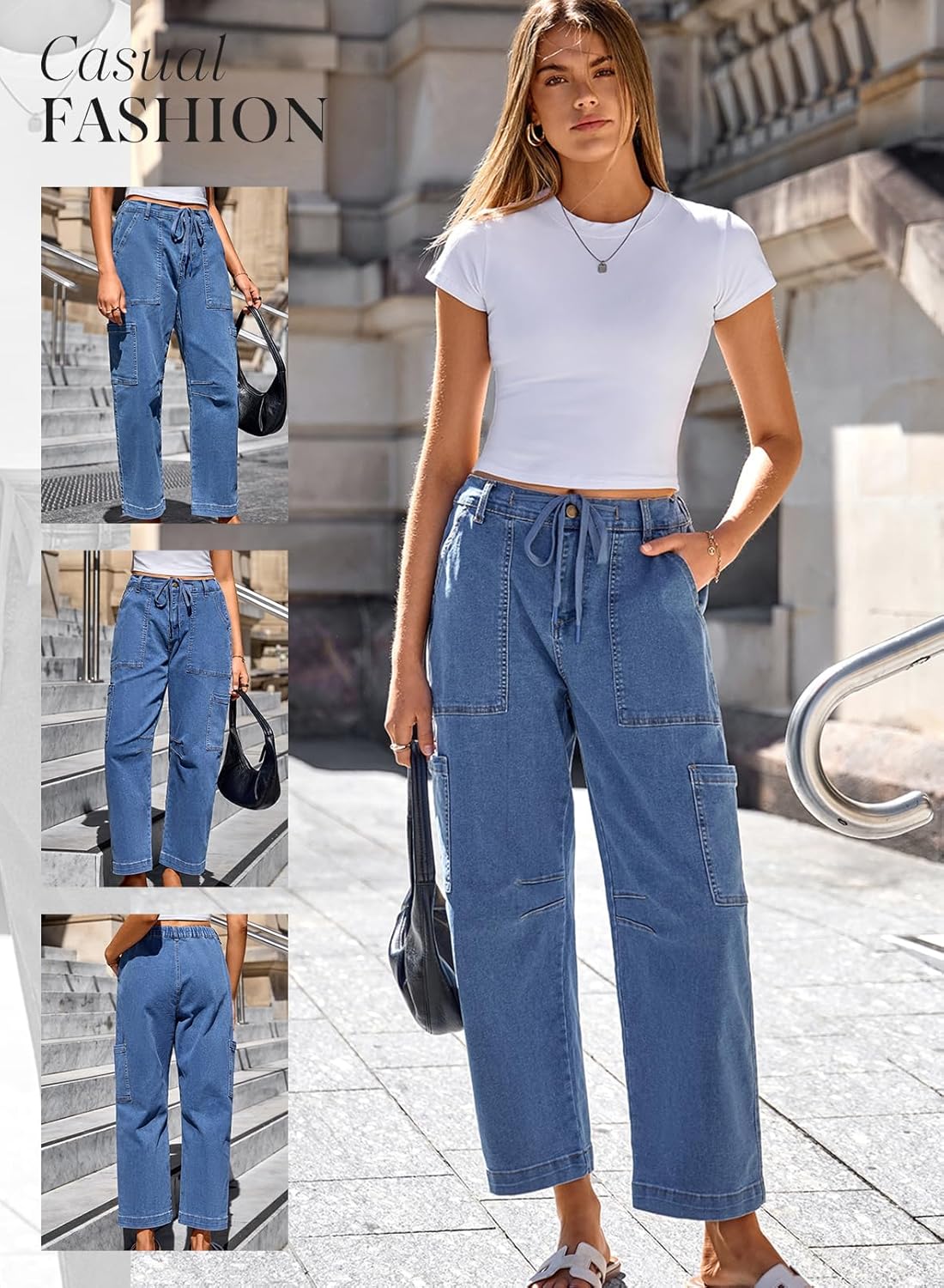Dokotoo Jeans for Women Casual High Waisted Straight Wide Leg Pants Loose Cargo Denim Pants with Pockets - Image 5