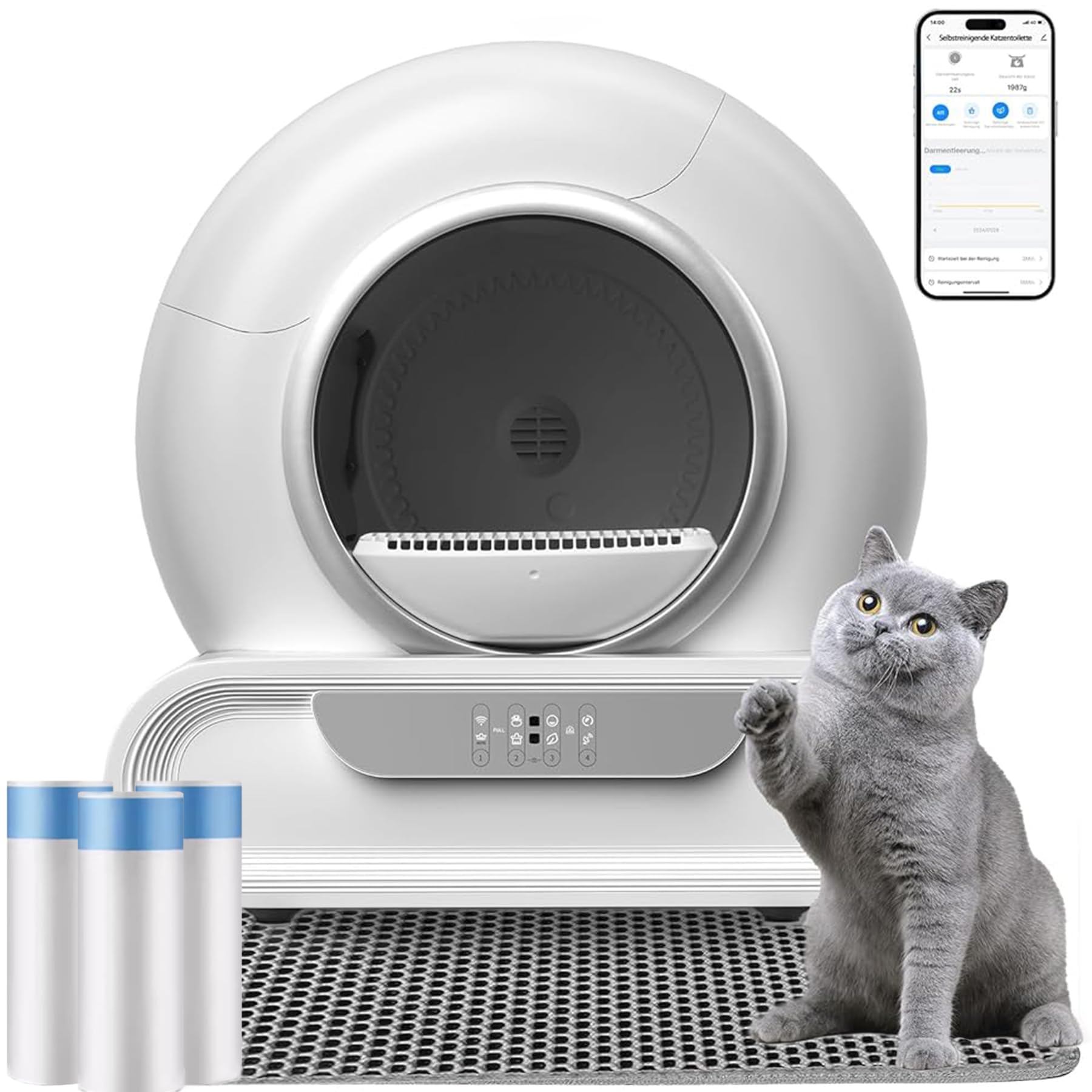 Arenero Gatos Autolimpiable, 65+9L, Caja Arena Gato Automatica con Control de App, Cerrado, 3 Rollos de Bolsas de Basura, Desodorización con Iones Negativos