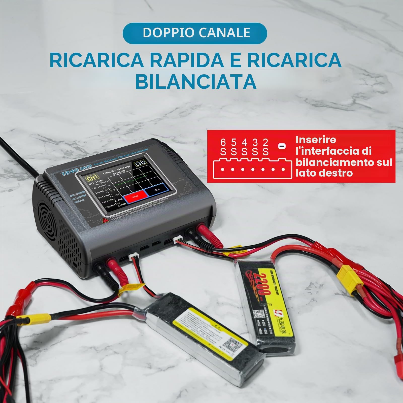 HTRC T240 DUO RC Bilancia caricabatteria / scaricatore per Lilon LiPo LiFe LiHV NiCd NiMH PB Smart Battery Dual Multi caricabatterie AC 150W / DC 240W 10A