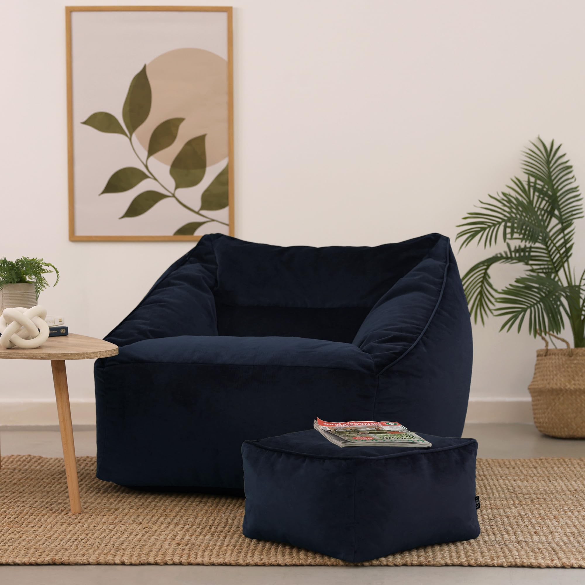 Icon Natalia Sitzsack Sessel mit Hocker für Erwachsene, Dunkelblau, Flauschiger Samtstoff, Riesen Sitzsack Samt mit Füllung, Bean Bag Chair, Bequemer Sessel Wohnzimmer, Lounge, Schlafzimmer, Büro